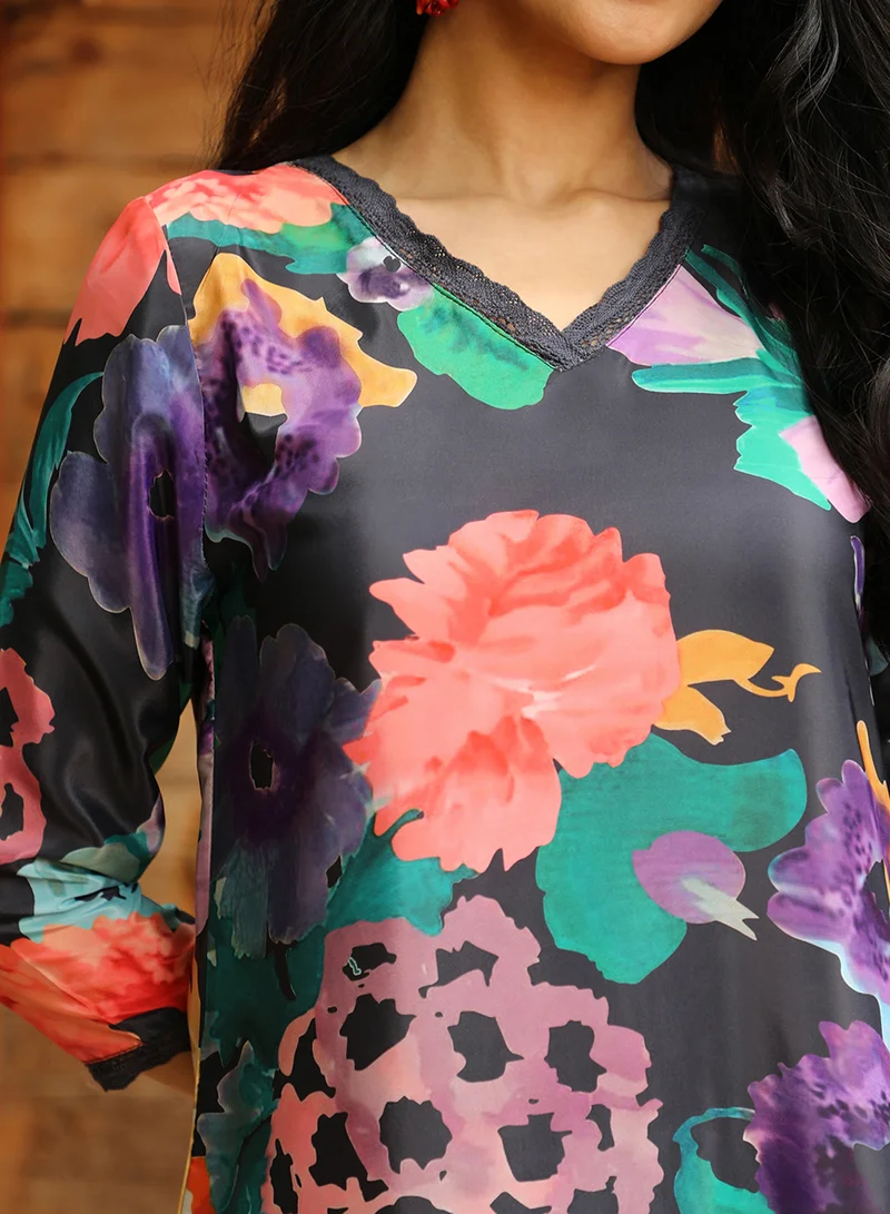 Qissa  Women's Midnight Black Botanical Cluster Kurti With Trousers For Casual Wear | V-Neck | Quarter Sleeve | 2 Piece Kurta Set Designed With Comfort Fit For Everyday Ethnic Wear for Women | Best Price UAE